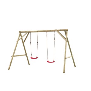 SwingKing Doppel-Schaukel Eline aus Holz mit zwei roten Schaukelsitzen.