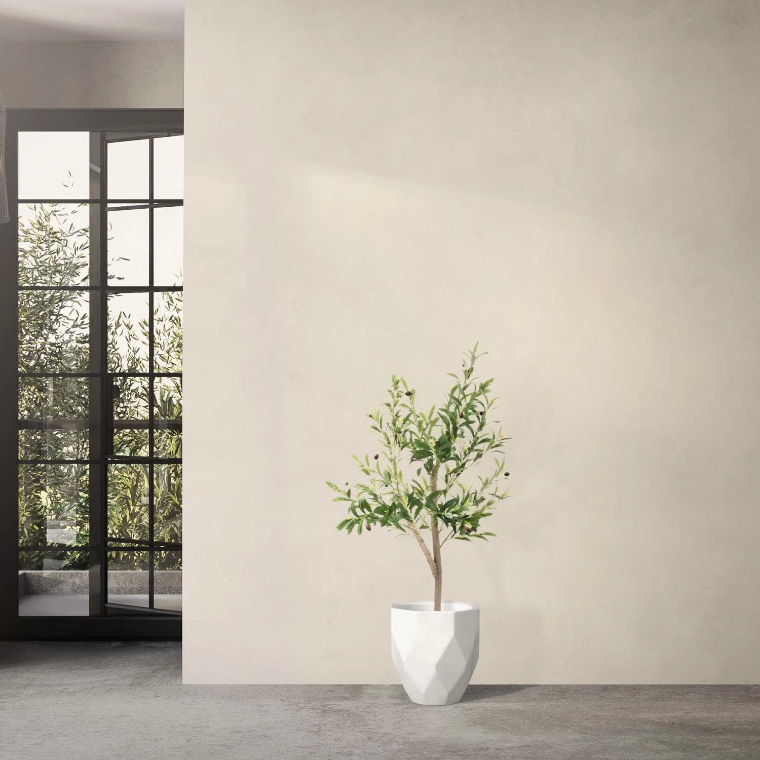 ML-Design künstlicher Olivenbaum, 120 cm, mit Oliven und Naturholzstamm im weißen Topf.