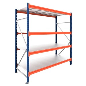 PROREGAL DOMINUS Schwerlastregal, blau/orange, 4 Stahlplatten-Fachböden, 350 kg Fachlast. Ideal für Lager & Werkstatt.