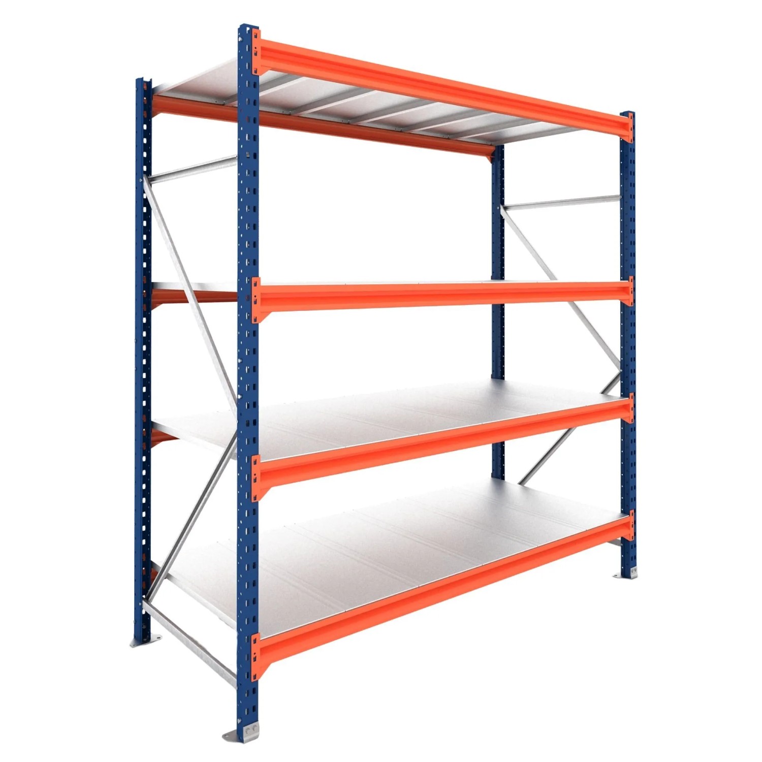 PROREGAL Weitspannregal Schwerlastregal DOMINUS Grundregal 250x195x80cm 4 Ebenen Stahlplatten-Fachboden Fachlast 350 kg Blau/Orange