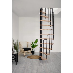 Minka Spindeltreppe Suono, 140x78 cm, Buche-Schwarz, platzsparende Innentreppe für kleine Räume.
