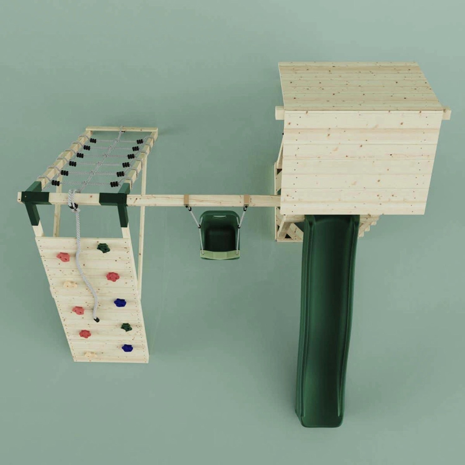 PolarPlay Spielturm Trondheim mit Babyschaukel, Kletterwand und grüner Rutsche.