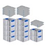 PROREGAL Spar Set: 10 graue Euroboxen mit blauen Griffen und Auflagedeckel, gestapelt.