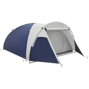 Blaues Outsunny Campingzelt aus Polyester und Fiberglas, geeignet für 3-4 Personen.
