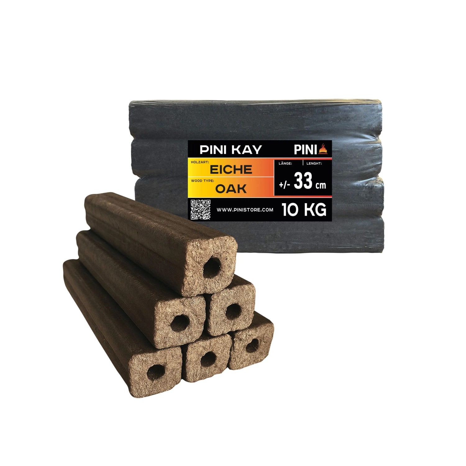 PINI Kay 10 kg Eichenholzbriketts 33 cm Lang Viereckig mit Zugloch Hartholzbriketts Brennholz Holzbriketts Eiche Kamin Ofen Feuerstelle Grill