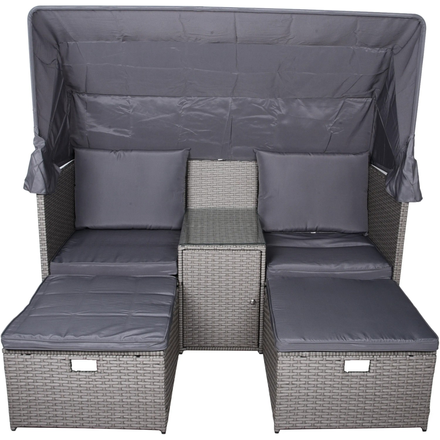 Anthrazitfarbene Garden Pleasure Relax-Lounge Saint-Tropez mit Sonnendach, Tisch und Hockern.
