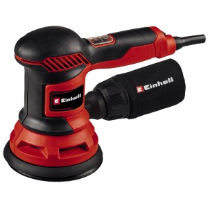 Einhell Exzenterschleifer TC-RS 425 E in Rot und Schwarz mit Staubfangsack.