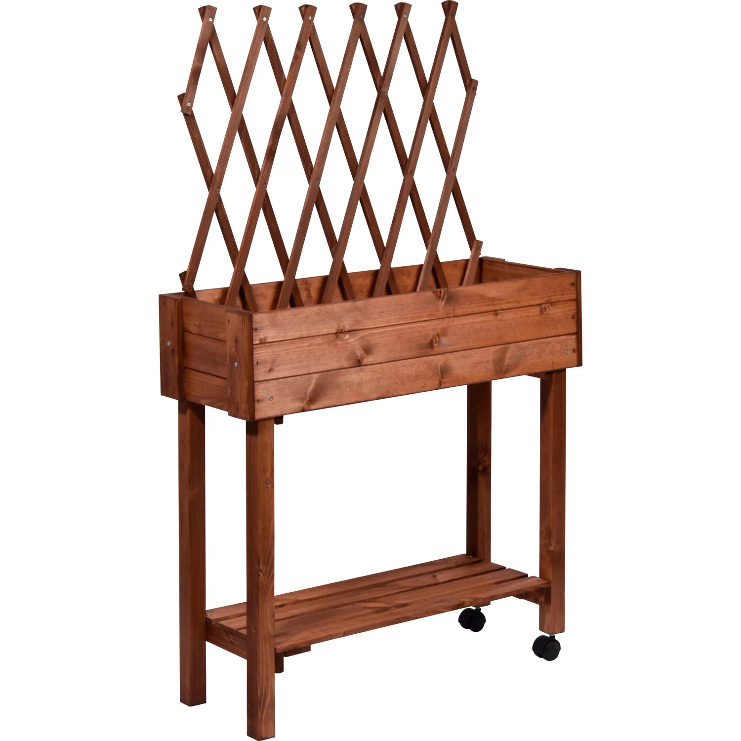 Rollbares, braunes Holz-Hochbeet mit Rankhilfe von Dobar, 130x79x28,5 cm.