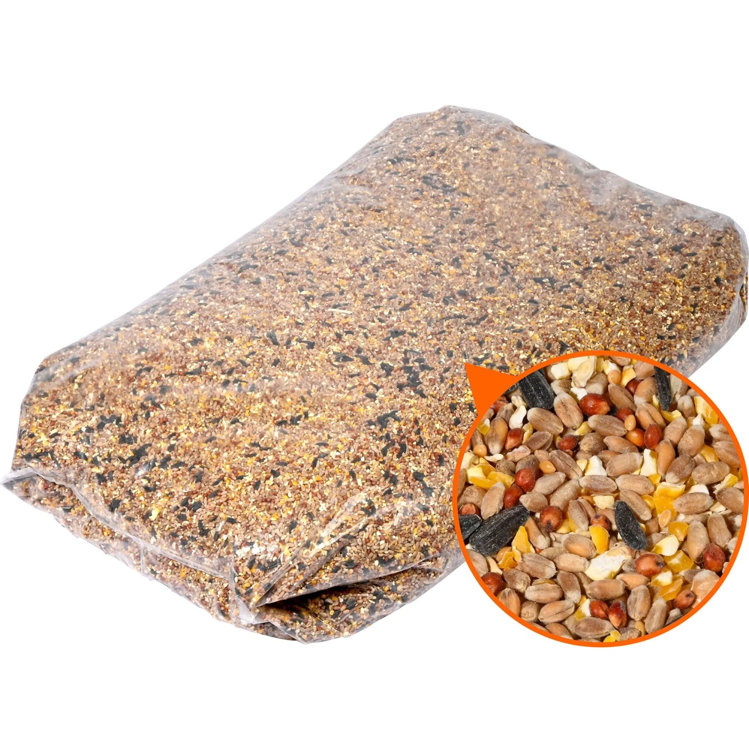 Dobar Winter-Streufutter 25 kg für Wildvögel in transparenter Tüte, Nahaufnahme der Getreide- & Saatenmischung.