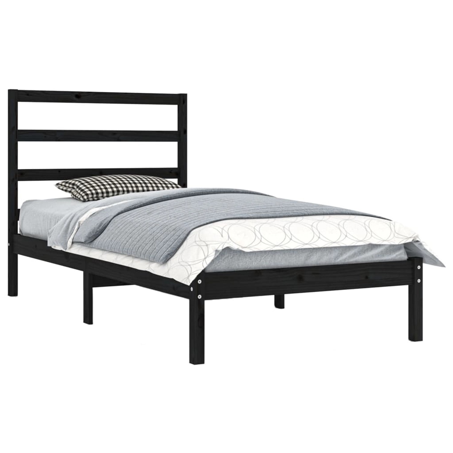 Schwarzes Massivholzbett 100x200 cm mit Lattenrost und Kopfteil. Kiefer Bett für Schlafzimmer.
