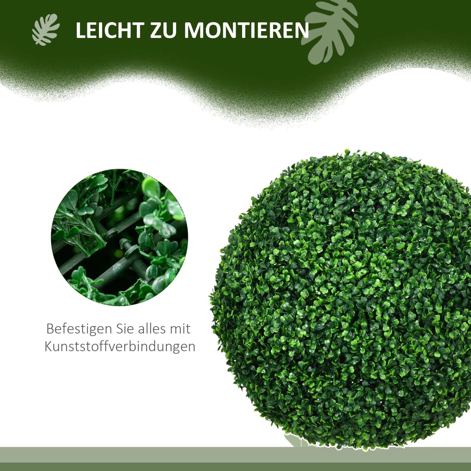 Grüne HOMCOM künstliche Buchsbaumkugel, UV-beständig, Ø50cm, mit Detail der einfachen Kunststoff-Montage.