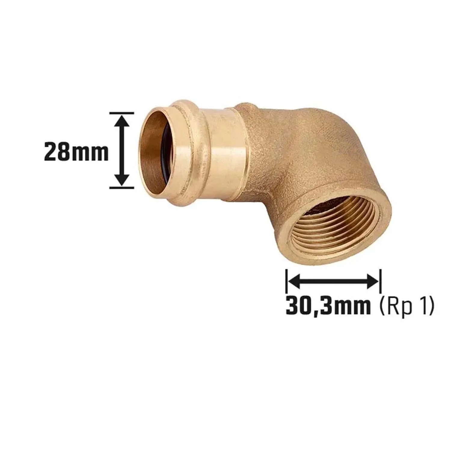 90 Grad Presswinkel aus Rotguss, Ø 28 mm x 30,3 mm (Rp 1), für Kupferrohr-Installationen.