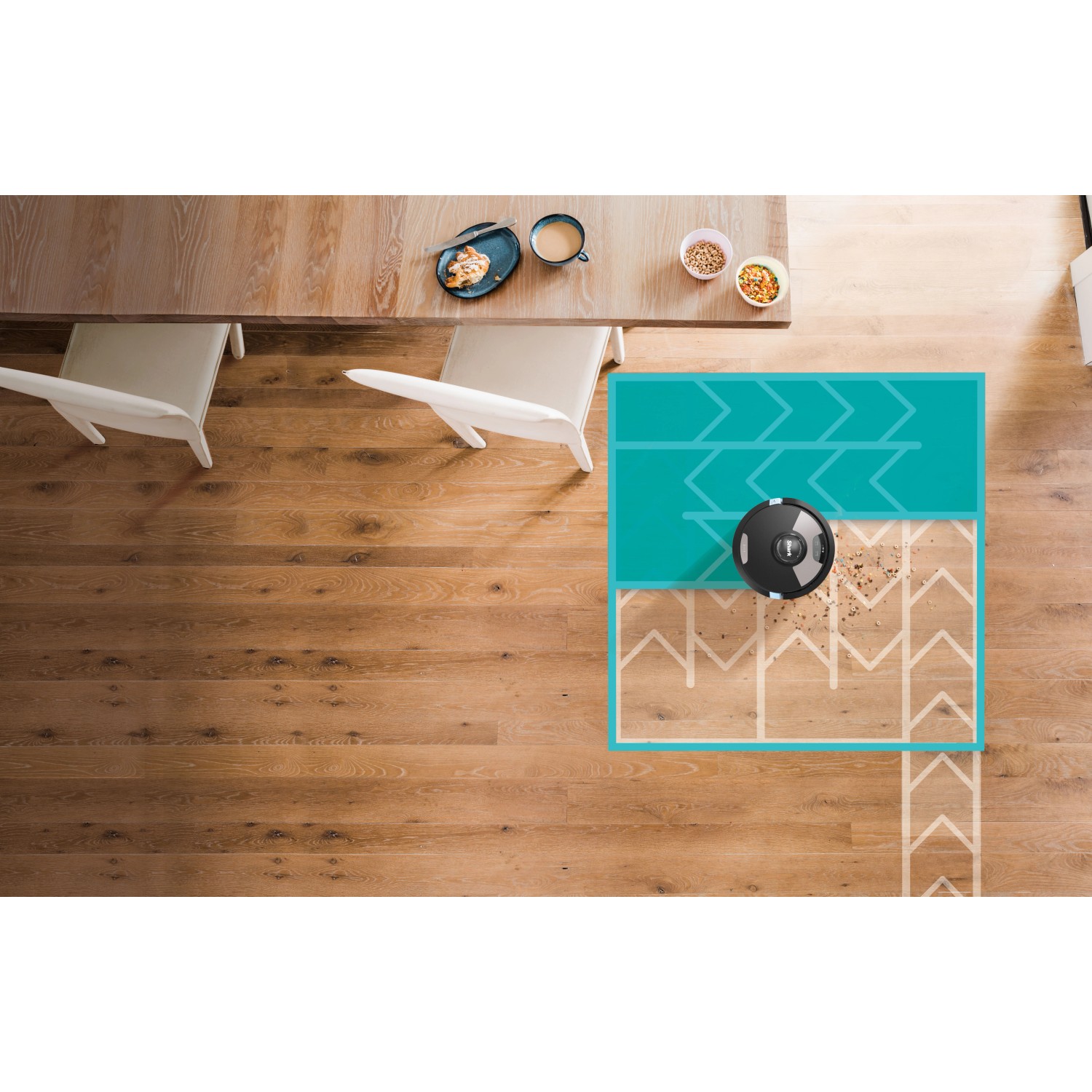 Shark Saug- und Wischroboter Matrix Plus RV2620WDEU bei der Reinigung von Holzboden.