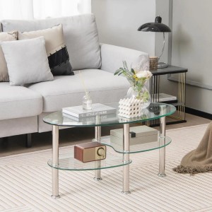 Ovaler Costway Couchtisch aus Glas mit 3 Ablagen im Wohnzimmer.