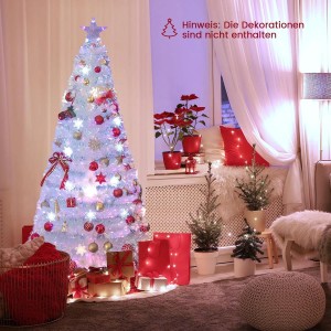 Weißer künstlicher Weihnachtsbaum 180cm mit bunten LED-Lichtern und Sternspitze, festlich dekoriert im Wohnzimmer.