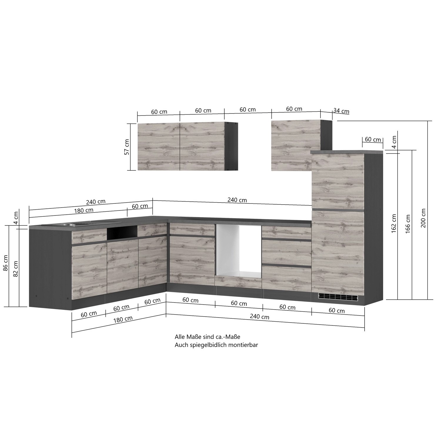Held Möbel Winkelküche Turin in Graphit und Wotaneiche, ohne E-Geräte. Zweifarbige Küchenzeile mit Maßen.