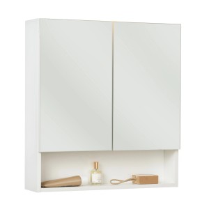 Weißer Badmobil Spiegelschrank mit zwei Spiegeltüren und Ablagefläche für Badutensilien.