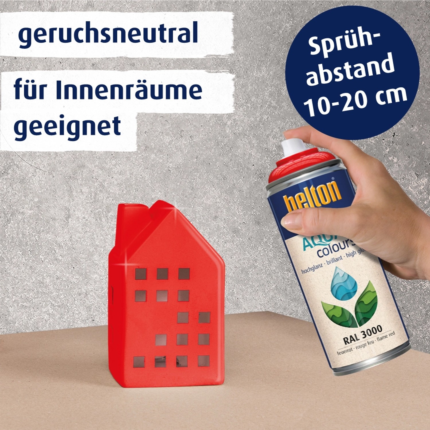 Belton Free AQUAcolours Buntlack Spray RAL 3000 Feuerrot, hochglänzend, mit rotem Deko-Haus.
