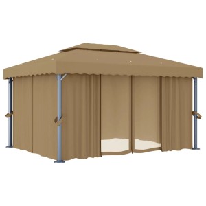 Taupe Pavillon 4x3m mit Vorhängen und Aluminiumrahmen für Garten & Terrasse.