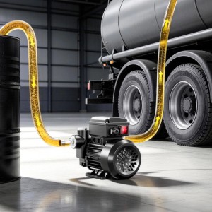 Wiltec Heizöl- und Dieselpumpe fördert Dieselöl aus Fass in Tankwagen. Leistungsstarke, selbstansaugende Pumpe für Kraftstoffversorgung.