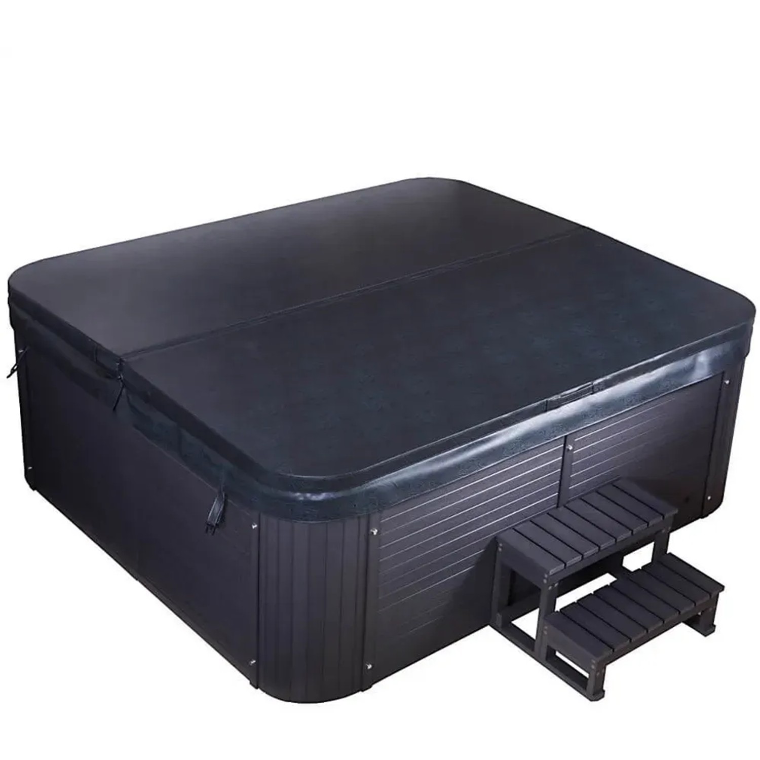 Abgedeckter Home Deluxe Outdoor Whirlpool Beach Plus mit Treppe, geeignet für 2 Personen.