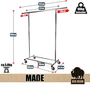 BigDean Kleiderständer auf Rollen, ausziehbar, bis 90kg belastbar. Ordnungssystem für den Garten.