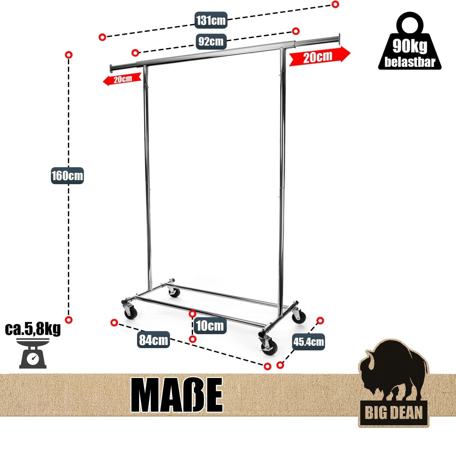 BigDean Kleiderständer auf Rollen, ausziehbar, bis 90kg belastbar. Ordnungssystem für den Garten.