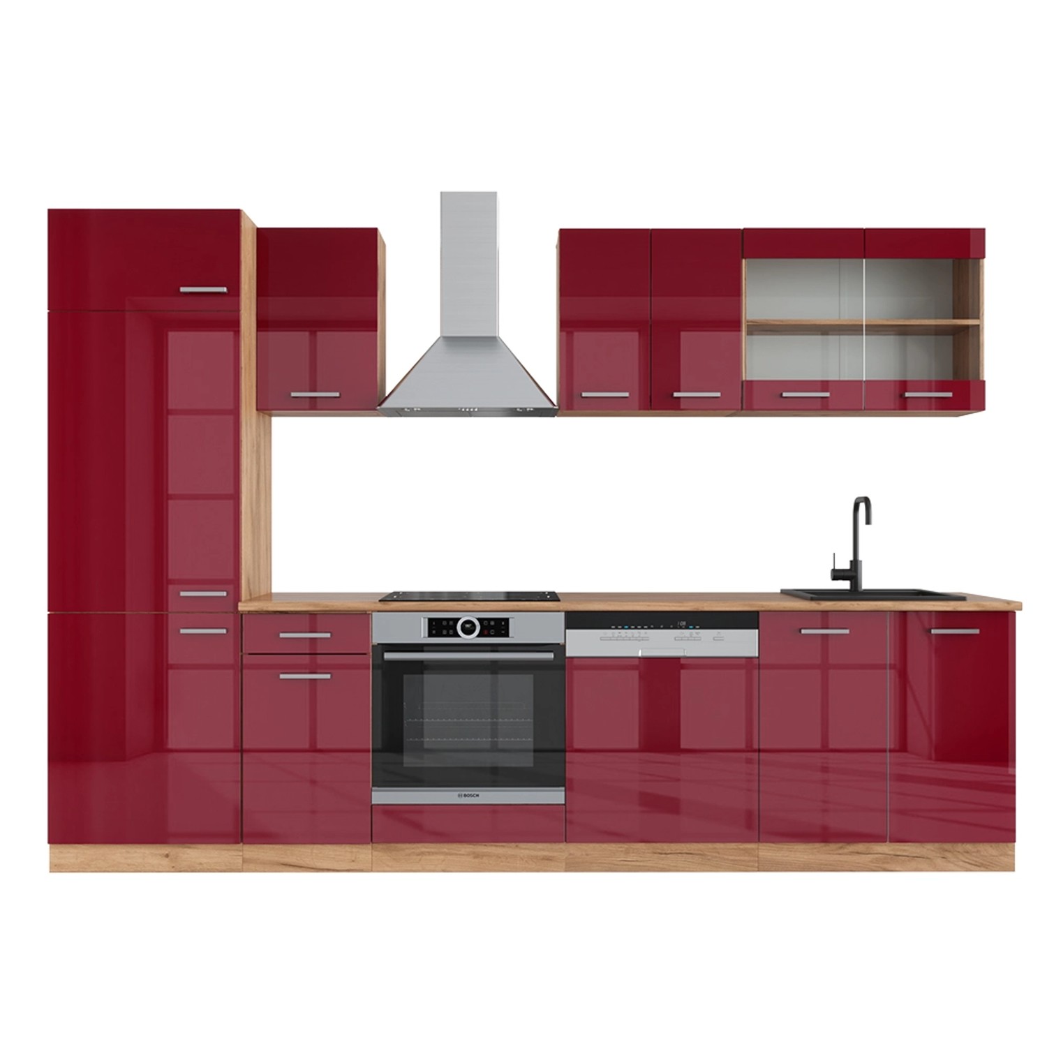 Vicco R-Line Küchenzeile Bordeaux Hochglanz/Goldkraft Eiche 300 cm AP Eiche günstig online kaufen