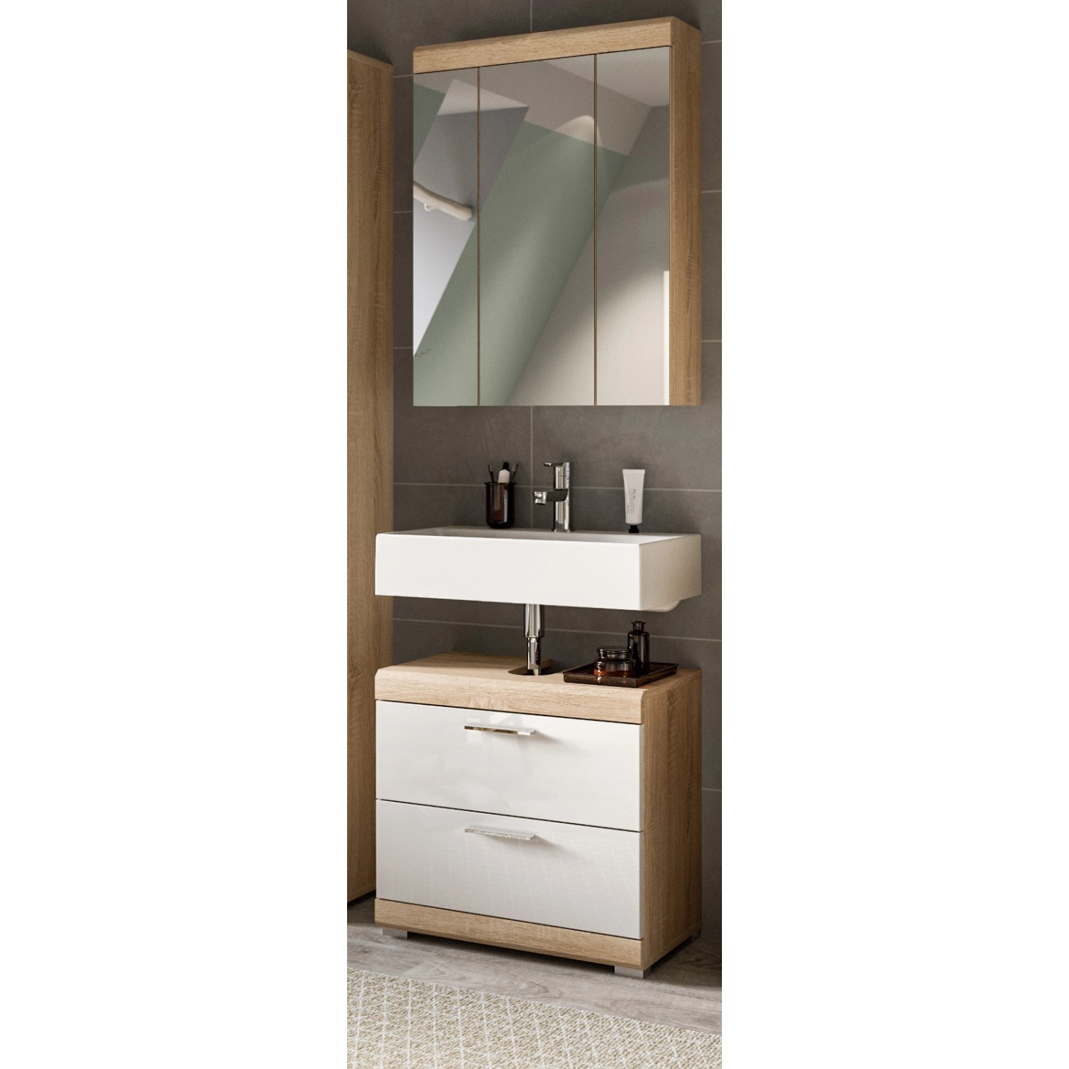 Inn.Furn Badmöbel Set in Weiß Hochglanz und Eiche 2-teilig 60 cm Mambo günstig online kaufen