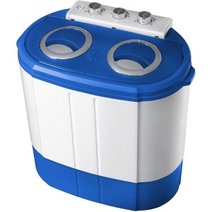 Steinborg Mini-Waschmaschine, blau-weiße Camping Waschmaschine mit zwei Kammern und Drehknöpfen.