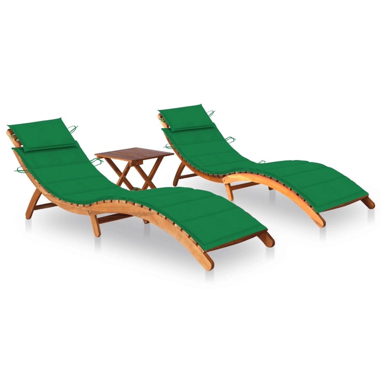 vidaXL Sonnenliegen 2 Stk. mit Tisch und Auflagen Polster-Farbe  Grün Massivholz Akazie