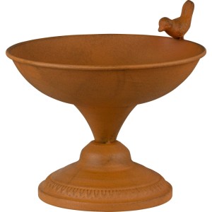 Dekorative Metall Vogeltränke aus Cortenstahl mit Edelrost-Patina, ornamentiertem Sockel und kleinem Ziervogel.