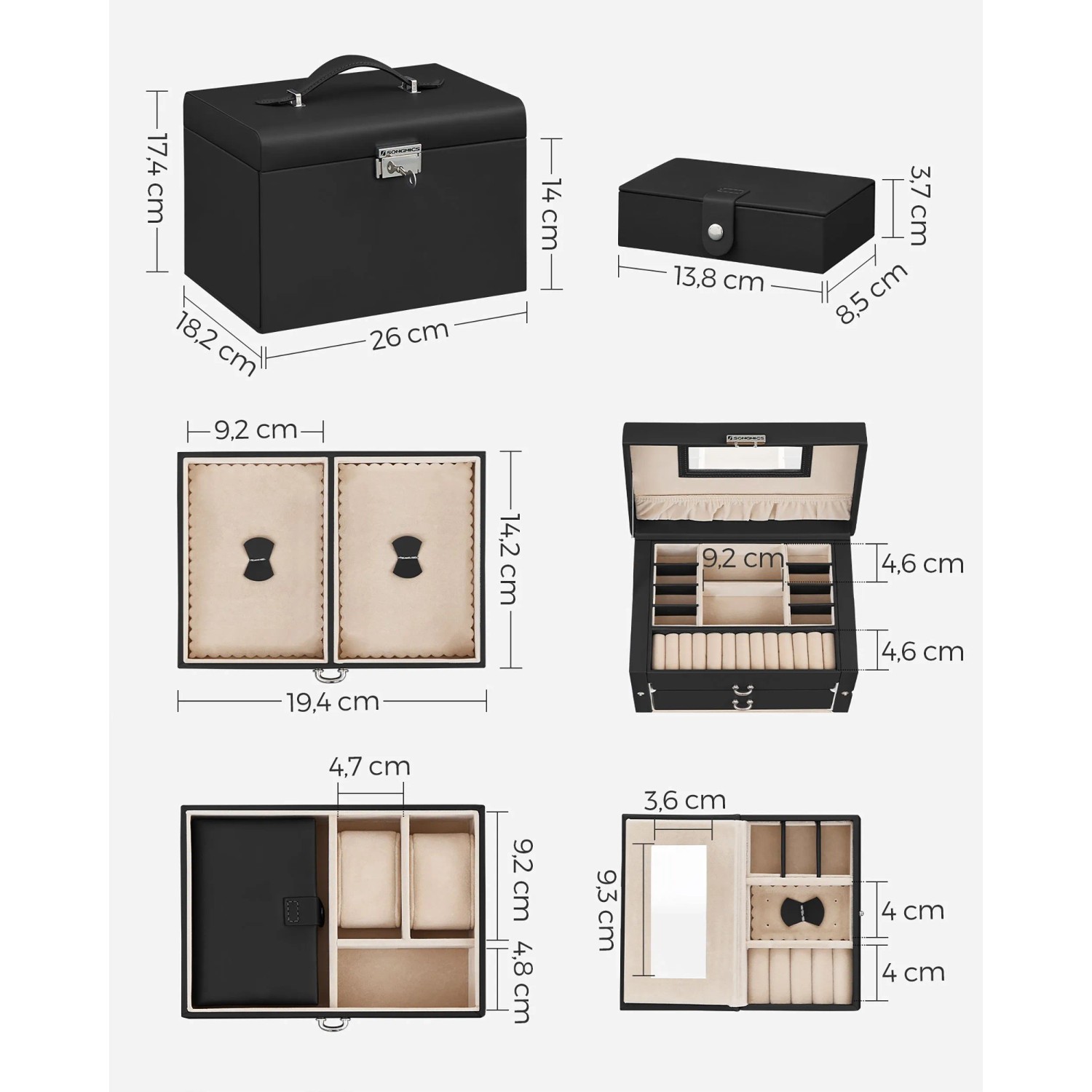 Songmics Schmuckkasten Bridie, schwarz-beige, mit Schubladen und Mini-Box, Abmessungen