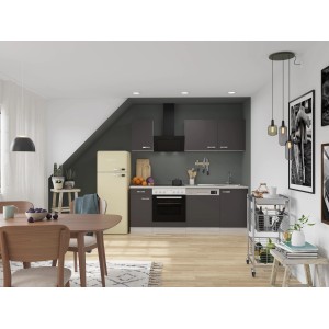 Moderne OPTIFIT Faro220 Küchenzeile in Anthrazit mit Elektrogeräten und Akazie Arbeitsplatte.