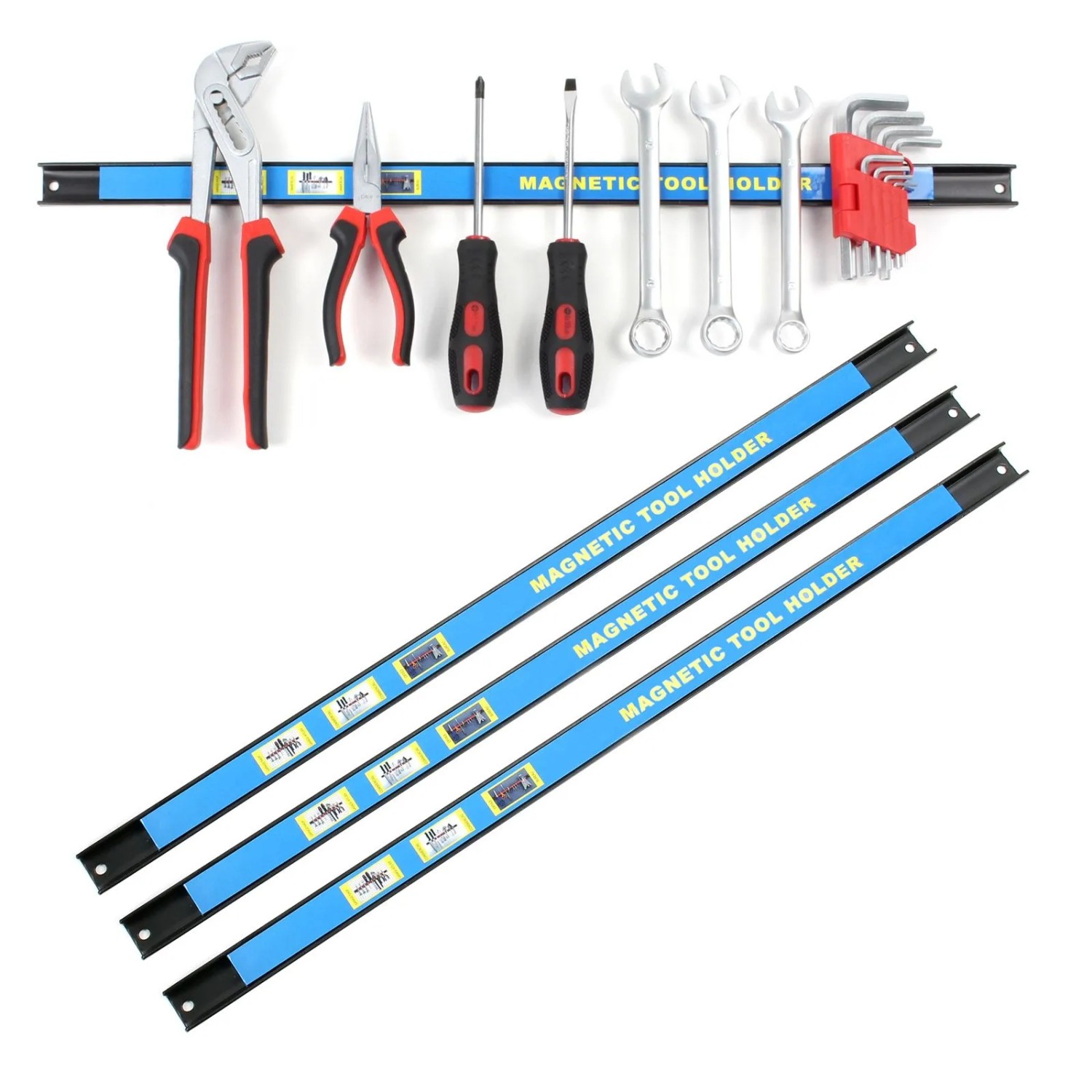 Wiltec Magnetleisten 4er Set (61cm) für Werkzeuge. Eine Schiene hält Zangen, Schraubendreher, Schlüssel.