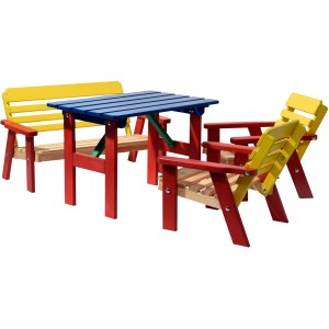 Mehrfarbige Kindersitzgarnitur (4-teilig) aus FSC®-Kiefernholz mit Tisch, Bank und zwei Stühlen.