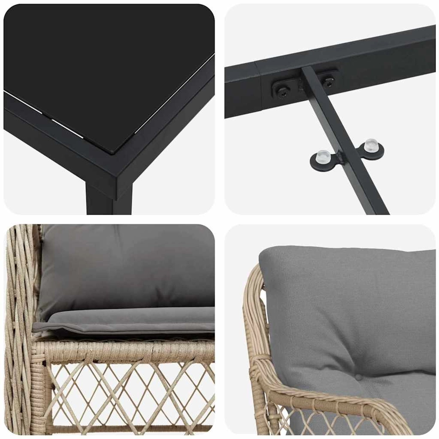 vidaXL Garten Essgruppe, 3-teilig, beige Poly Rattan, mit Tischplatte aus Glas und Stühlen mit grauen Kissen.