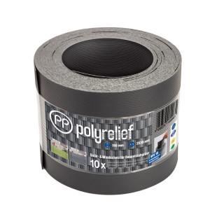 Anthrazitfarbener Polyrelief Sichtschutzstreifen für Zaunbau und Windschutz, aufgerollt in Spenderrolle.