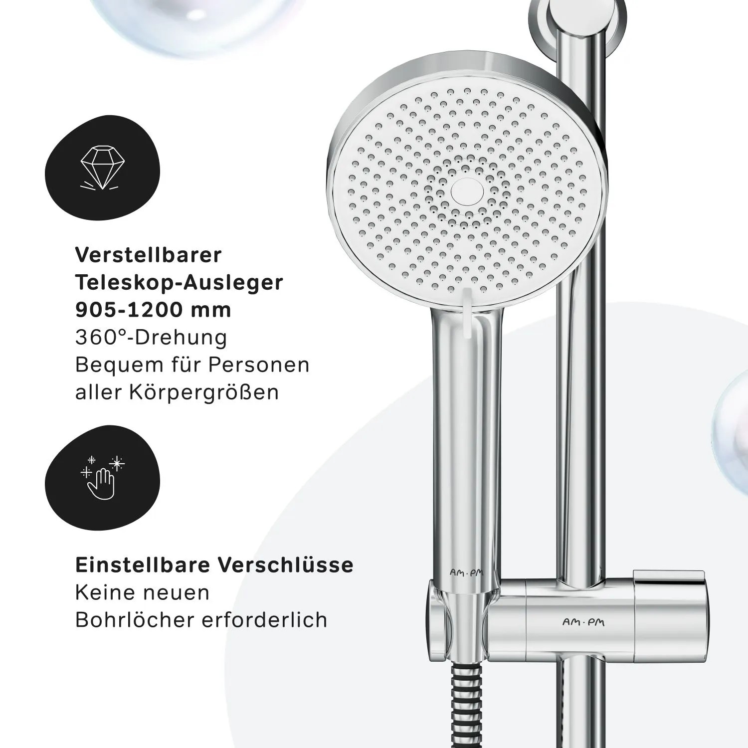 Verchromtes AM.PM Play Duschsystem mit verstellbarer Handbrause und Teleskop-Duschstange. Einfache Installation ohne Bohren.