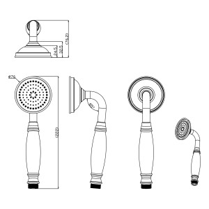 Technische Zeichnung PaulGurkes Nostalgie Duschsystem Aufputz mit Maßen für Kopf- und Handbrause.