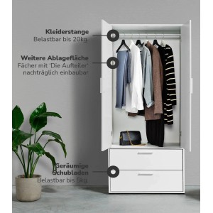 Weißer mokebo Kleiderschrank mit 2 Türen, Schubladen, Kleiderstange und Fächern. Ideal für kleine Räume.