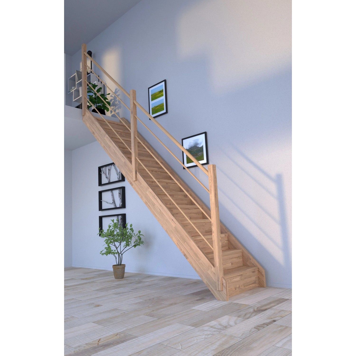 Gerade Holztreppe Mykonos Pro Eiche mit Setzstufen und Holz-Design-Geländer links.