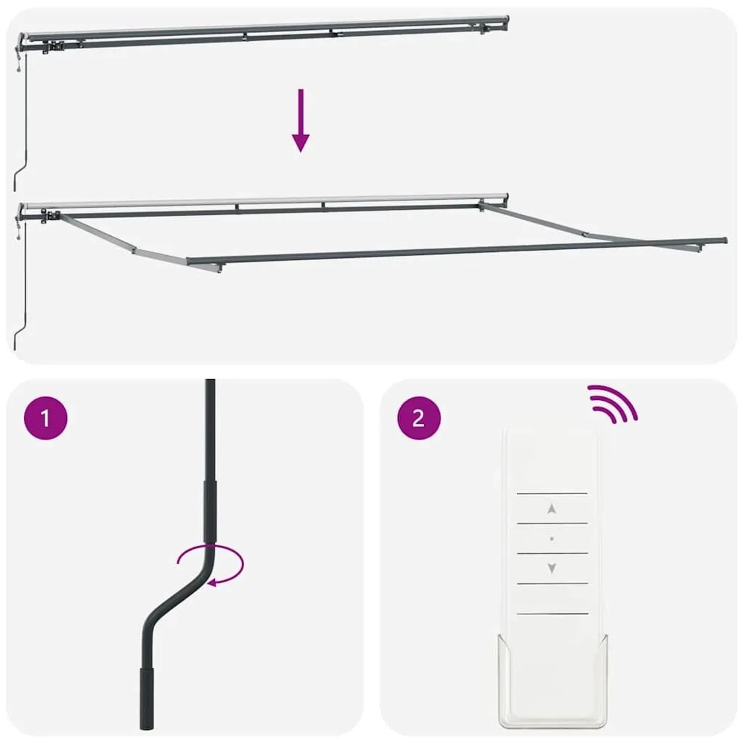 Einziehbare Markise mit Aluminiumrahmen, zeigt Ausfahrmechanismus, manuelle Kurbel und Fernbedienung.