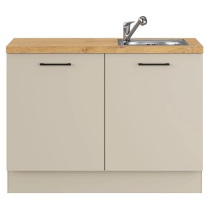 Impuls Küchen Hauswirtschaftsmodul in Kieselgrau mit Spüle und Holz-Arbeitsplatte.