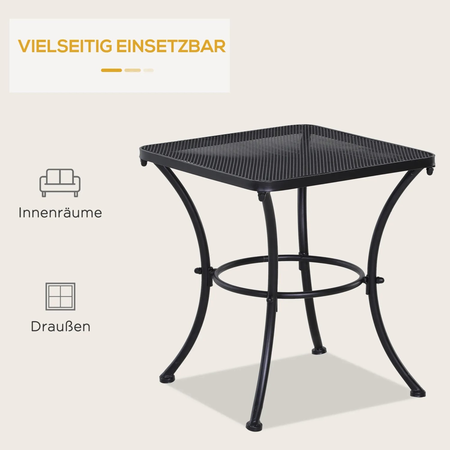Schwarzer Outsunny Gartentisch mit Mesh-Tischplatte, pflegeleicht und ideal für Balkon und Terrasse.