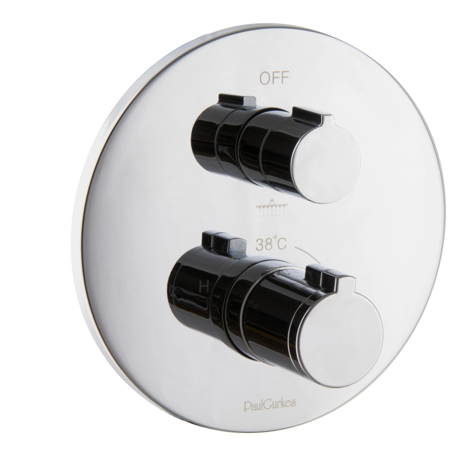 PaulGurkes Unterputz Thermostatarmatur für Brausesets, verchromt mit zwei Drehreglern.