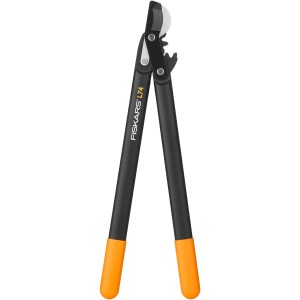 Fiskars Bypass-Getriebeastschere PowerGear II L74, Gartenschere mit schwarzem Griff und orangefarbenen Enden.