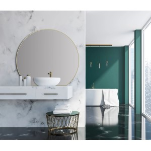 Runder DSK Design-Wandspiegel Picasso, Ø 100 cm, mit goldenem Rahmen im Badezimmer.