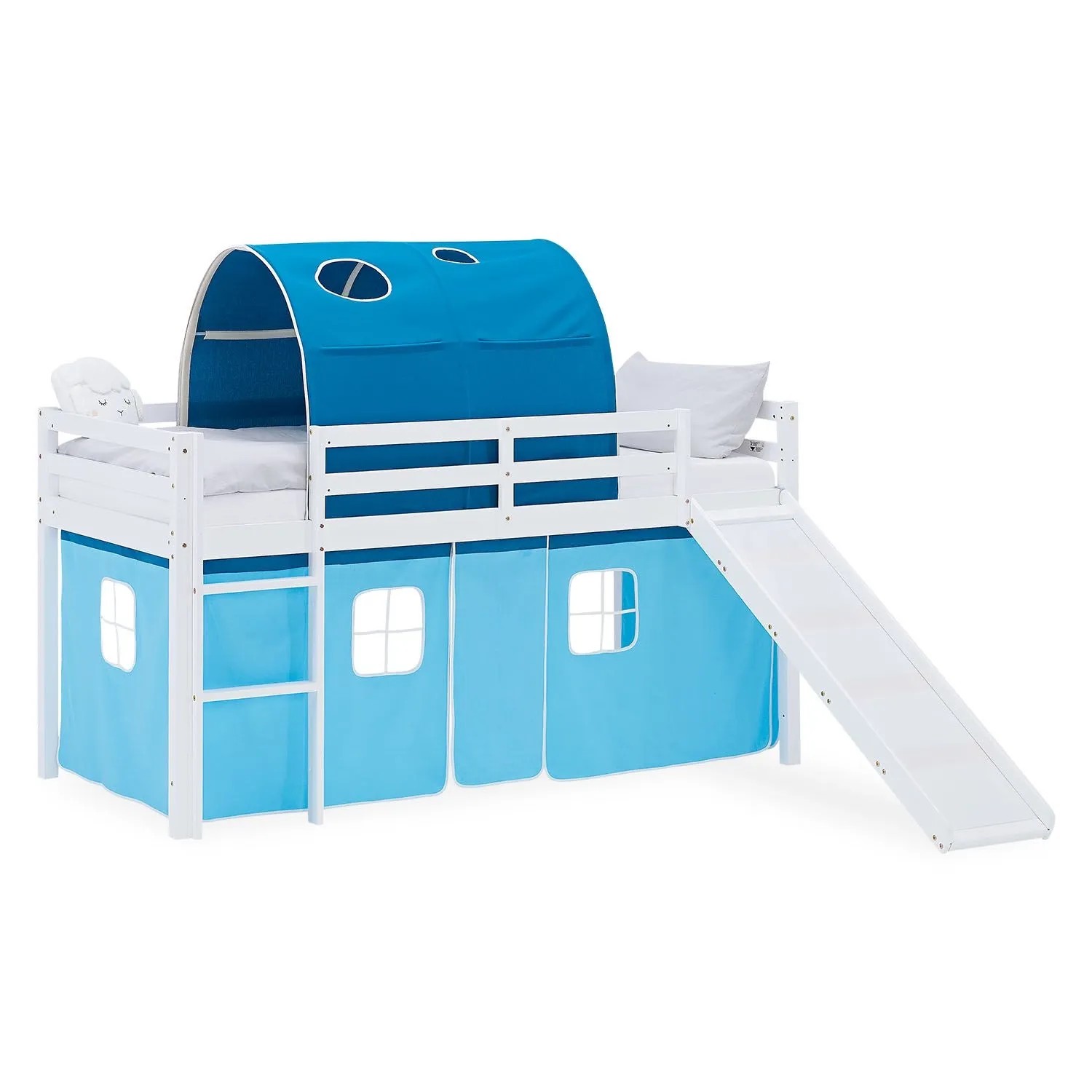 Homestyle4u Kinder Hochbett 90x200 Rutsche Vorhang Tunnel Blau Kinderbett Weiß 2988
