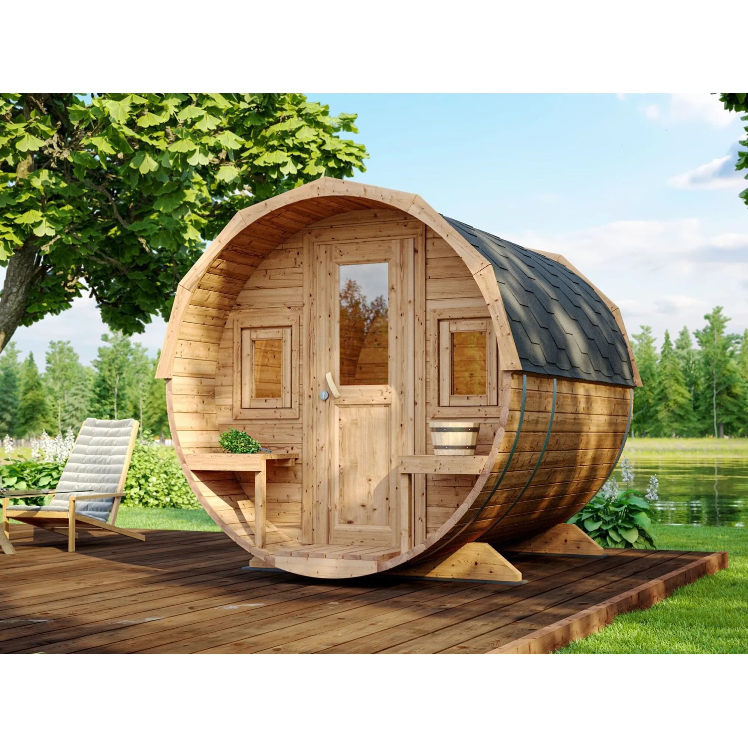 Fjordholz Fass-Sauna Modell Lauri Thermoholz und Holztür mit Fenster und Schloss